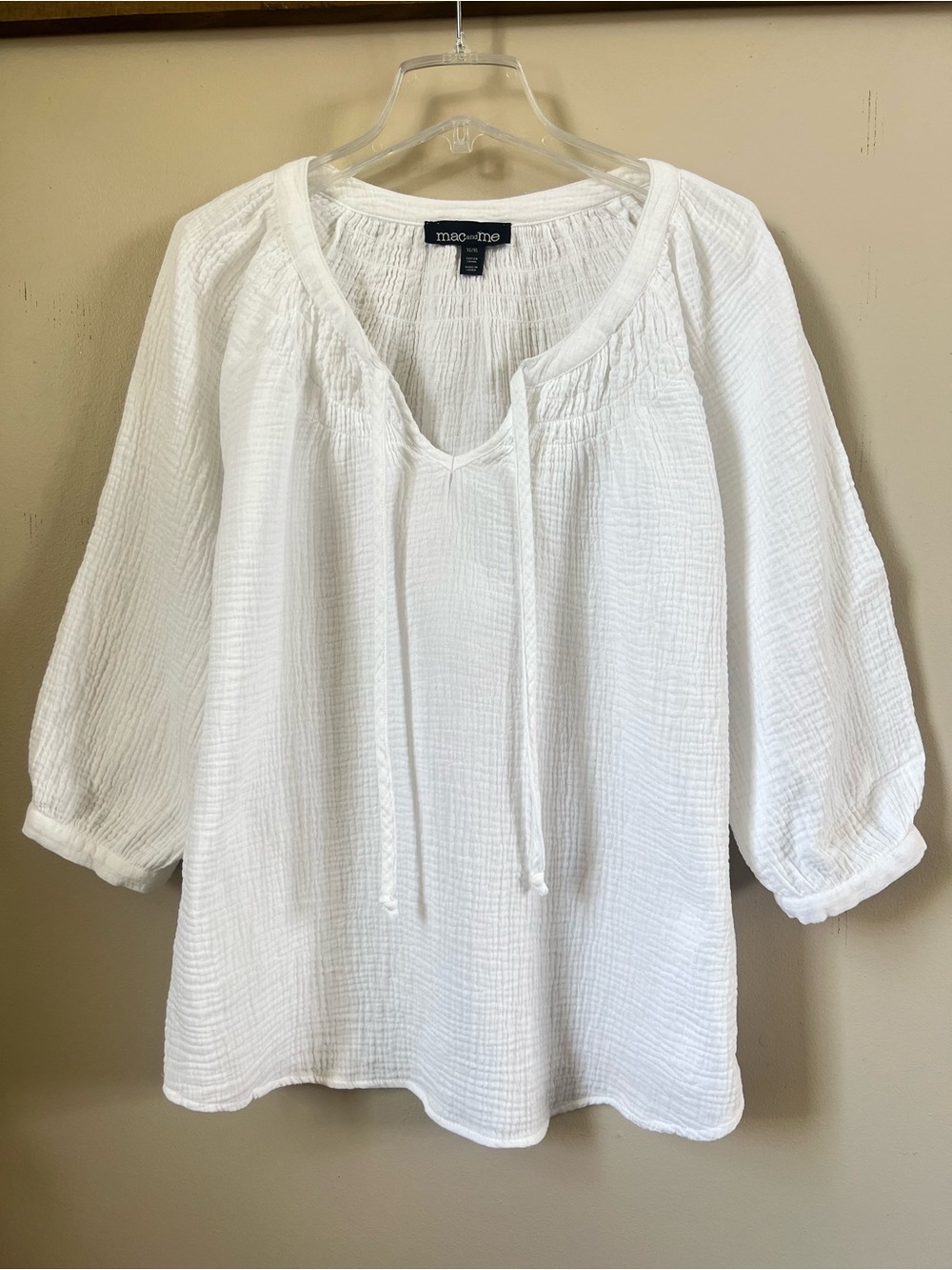 Mac and Me White Cotton Gauze Tie Neck Peasant Blouse 1X Boho Coastal 3/4 Sleeve - Picture 10 of 16